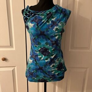 Anthropologie Blue Green Asymmetrical Sleeveless Blouse, Business casual, Date,